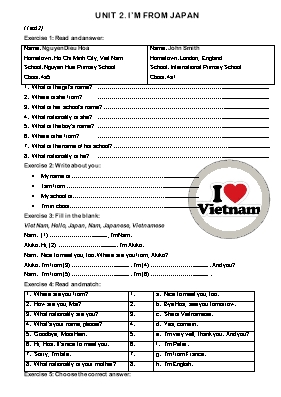 Bài tập Tiếng Anh Khối 4 - Unit 2 Im from Japan